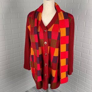 Ami Knits Cardigan Scarf Women 16 Red‎ Purple Check Rib Knit Acrylic USA VTG 70s